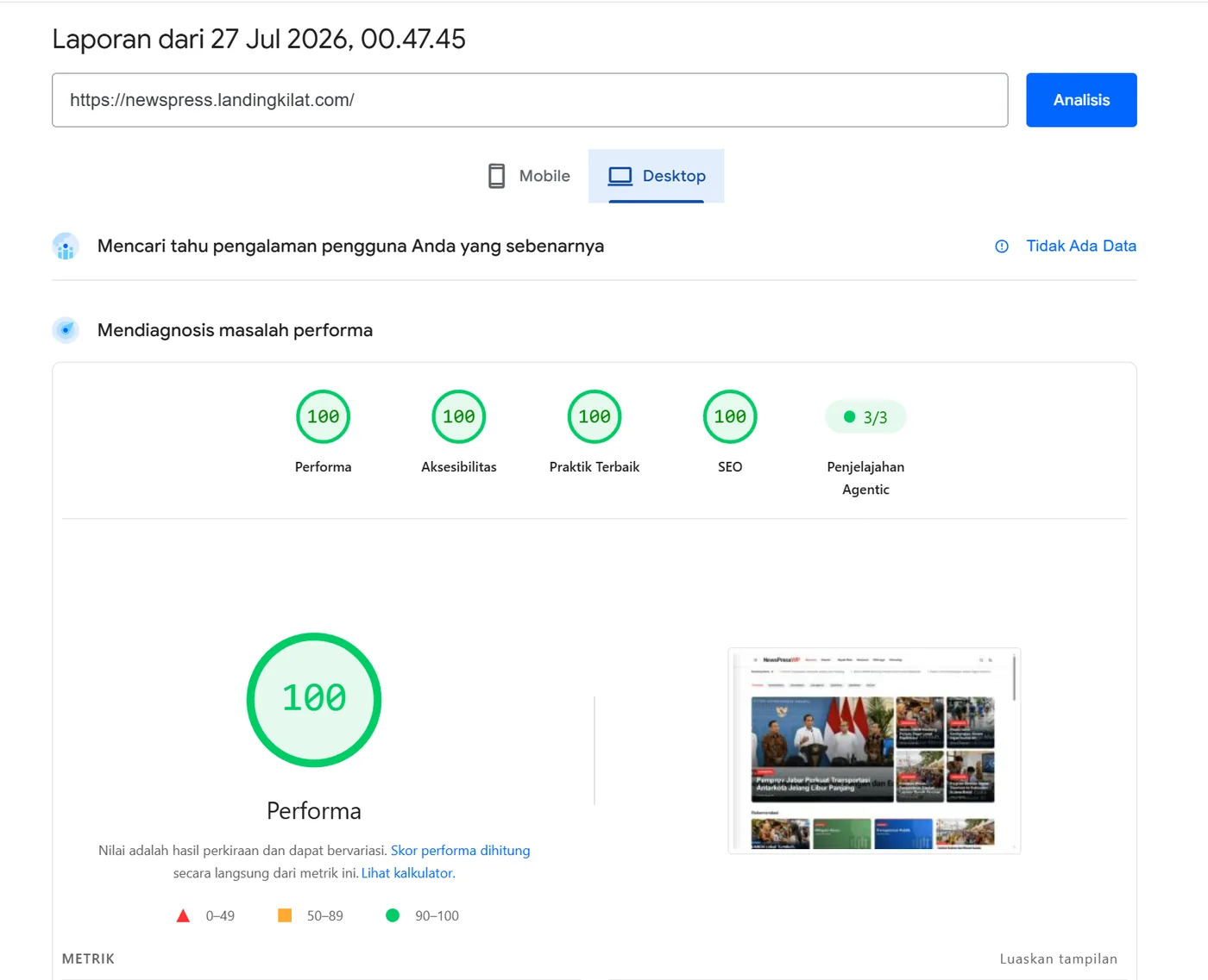 NewsPressWP - PageSpeed Desktop 100