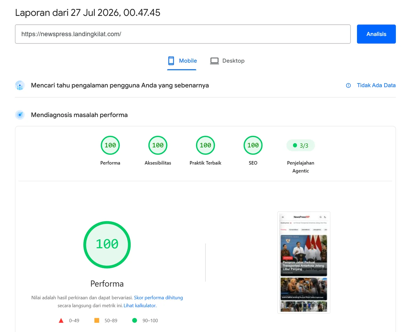 NewsPressWP - PageSpeed Mobile 100